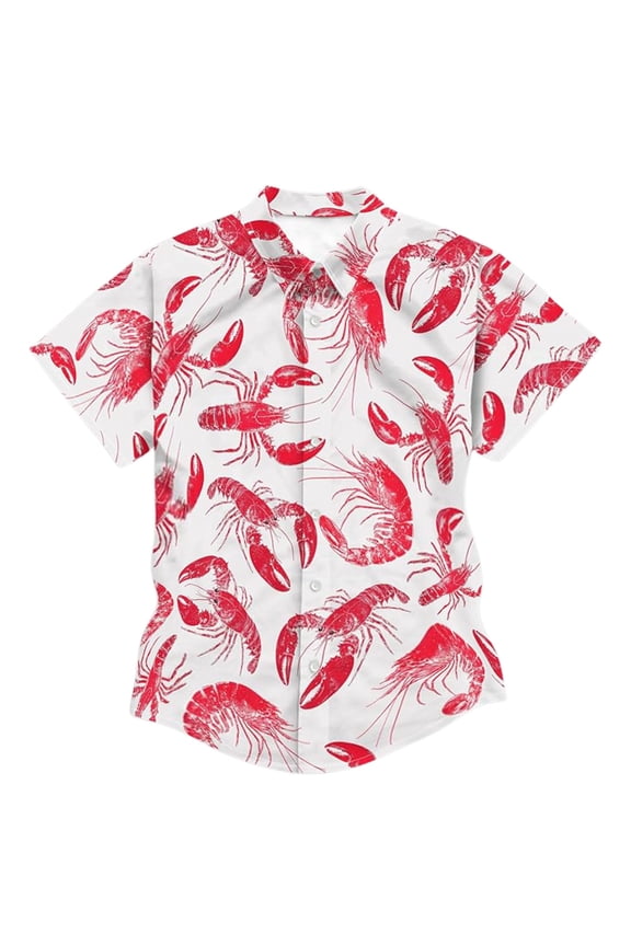 Mens Shirts Casual Lobster Lobster Print Short Sleeve Button Down Lapel Blouses Outdoor Loose Men Dress Shirt Red S