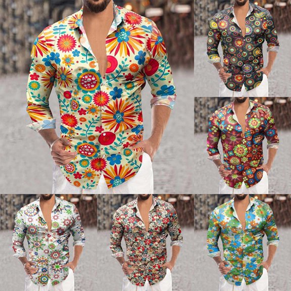 Mens Shirts Casual Long Sleeve Floral Print Business Button Lapel Blouses Leisure Loose Mens Hawaiian Shirt Brown L