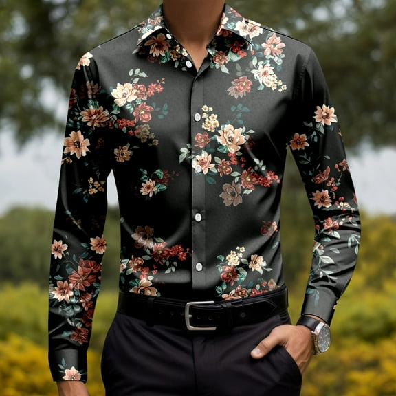Mens Shirts Casual Long Sleeve Vintage Floral Printed Button Down Collared Tops Slim Fit Free Party Hawaiian Shirt for Men Black M