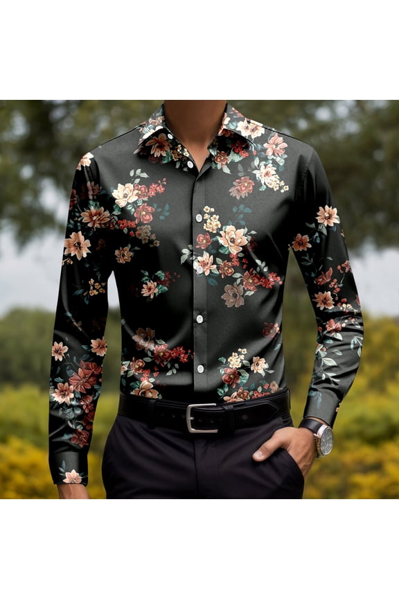 Mens Shirts Casual Long Sleeve Vintage Floral Printed Button Down Collared Tops Slim Fit Free Party Hawaiian Shirt for Men Black M