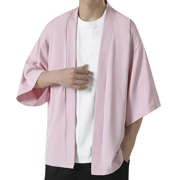 Hpapadks Mens Shirts Casual Solid Color Kimono Half Sleeve Blouses Elegant Loose Soft Cardigan Dress Shirts for Men Pink L
