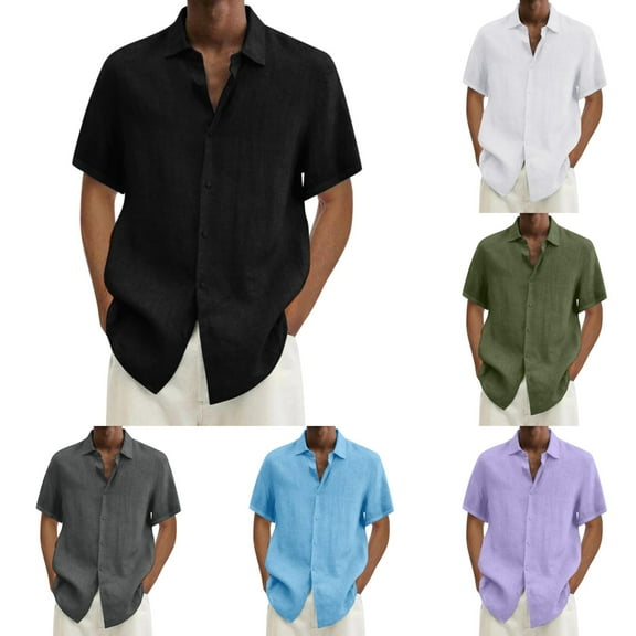 Hpapadks Mens Shirts Casual Solid Color Short Sleeve Lapel Button Down Blouses Loose Hawaiian Shirt for Men Black M