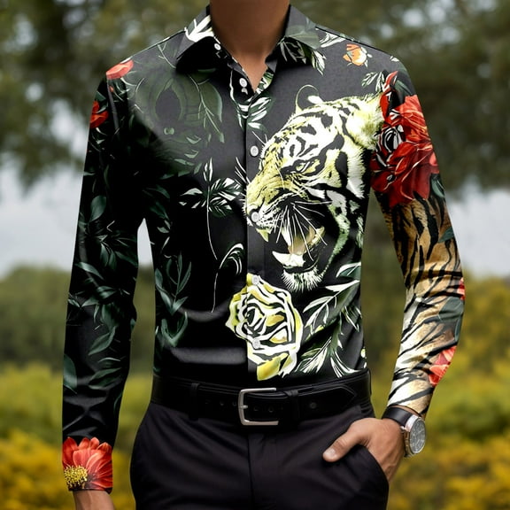 Mens Shirts Casual Tiger Floral Printed Long Sleeve Button Down Collared Tops Slim Fit Party Free Mens Hawaiian Shirt Black S