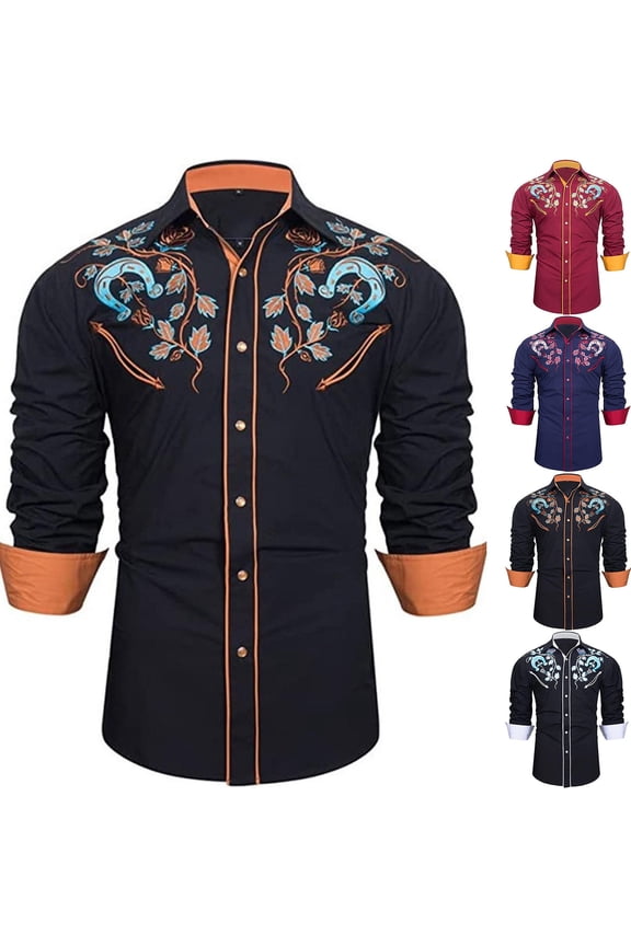 Mens Shirts Casual Western Cowboy Long Sleeve Embroidered Slim Fit Casual Button Down Shirts Hawaiian Shirt for Men Brick Red XXL
