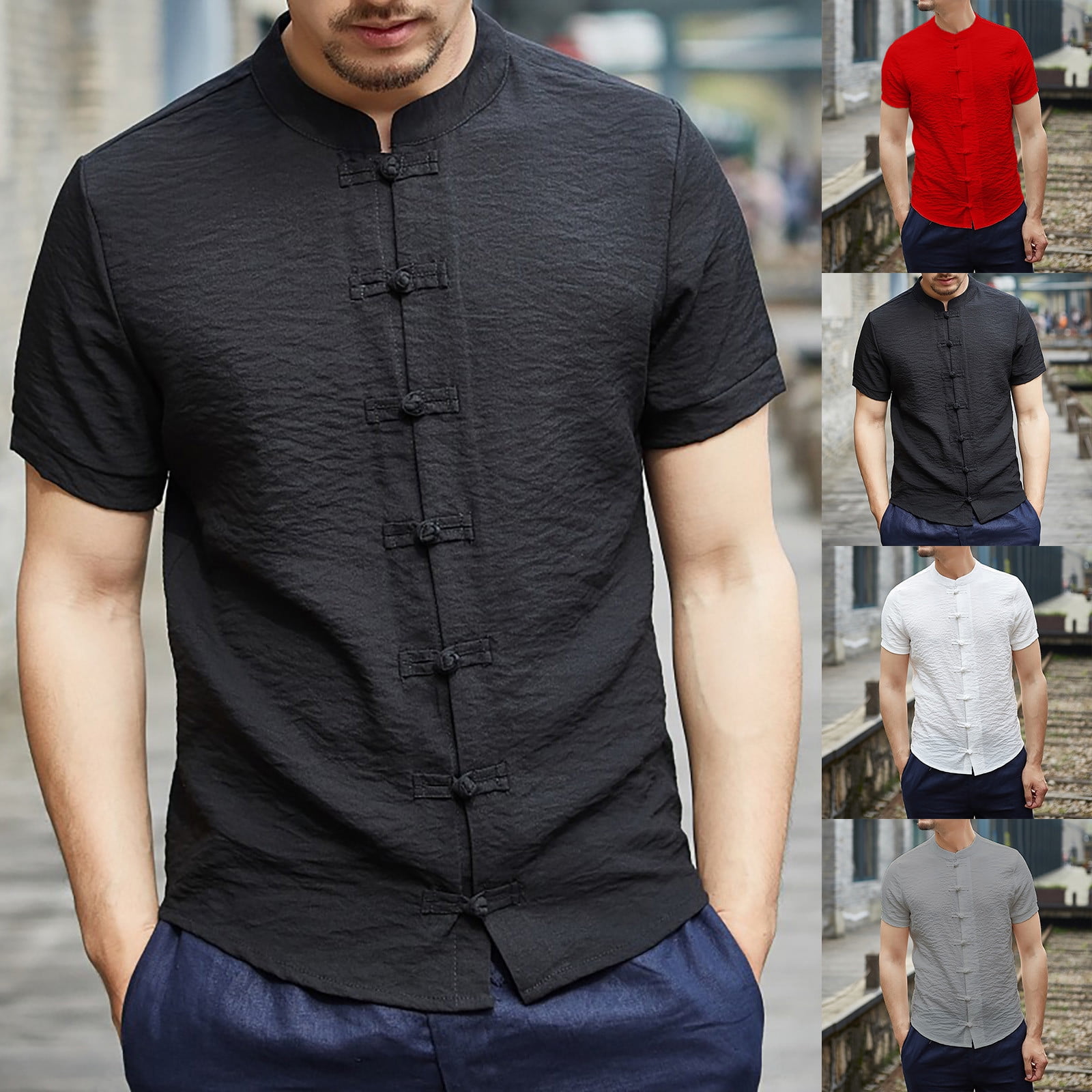 Mens Shirts Chinese Tang Suit Short Sleeve Henley Collar Solid