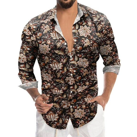 Hpapadks Mens Shirts Long Sleeve Floral Print Business Button Lapel Leisure Blouses Loose Dress Shirts for Men Brown XL