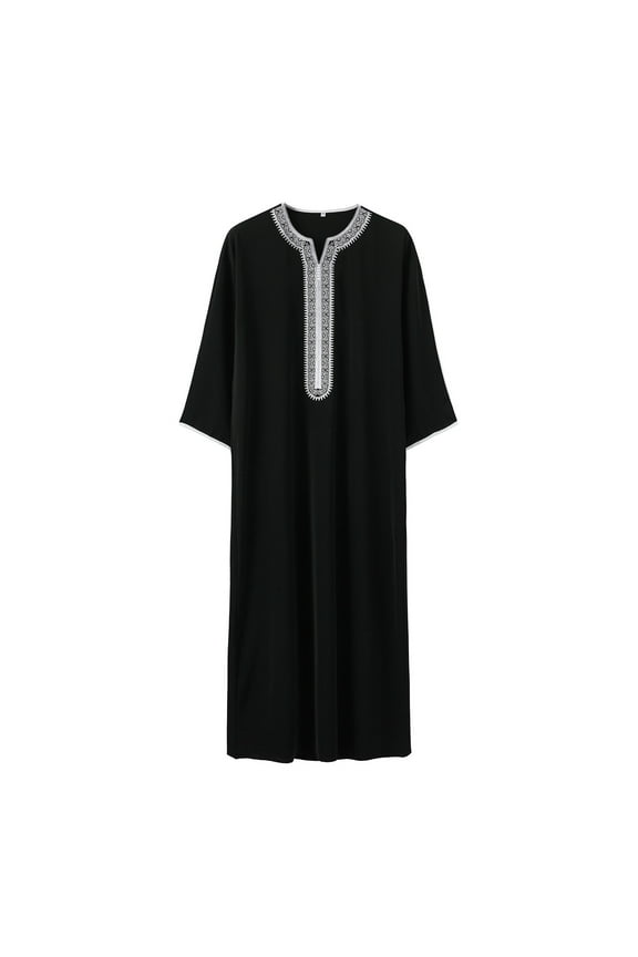 Mens Shirts Long Sleeve Embroidered Middle V Neck Arab Loose Abaya Loose Men Dress Shirt Black L