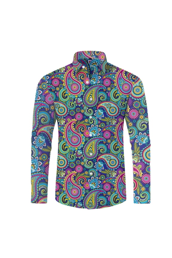 Mens Shirts Long Sleeve Retro Print Hippie Button Down Lapel Blouses Men Dress Shirt Blue XL
