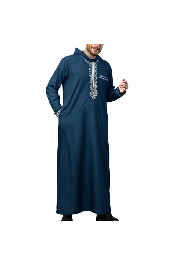 Mens Shirts Middle Arab Long Sleeve Hooded Zipper Abaya Solid Loose Dress Shirts for Men Blue M