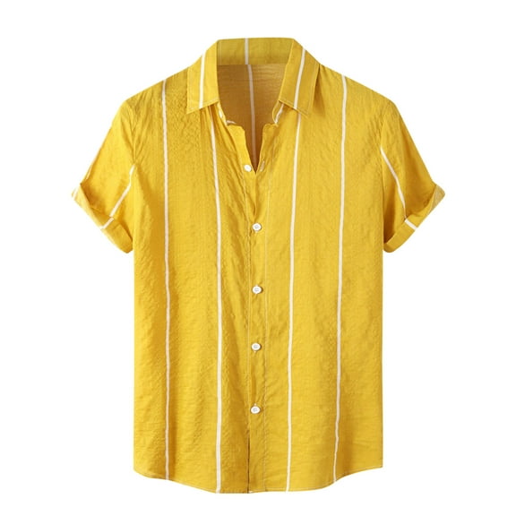 Hpapadks Mens Shirts Short Sleeve Button Down Lapel Stripe Blouses Daily Loose Mens Dress Shirt Yellow XXL