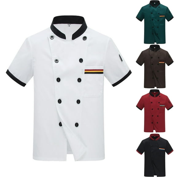 Mens Shirts Short Sleeve Chef Uniform Double Button Down Stand Collar Blouses Comfort Wear Breathable Hawaiian Shirt for Men Black L