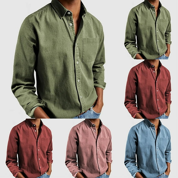 Mens Shirts Solid Color Lapel Button Down Daily Work Long Sleeve Tops with Pocket Loose Mens Hawaiian Shirt Pink S