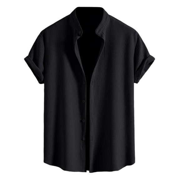 Hpapadks Mens Shirts Solid Color Short Sleeve Lapel Button Down Tops Lightweight Soft Loose Mens Dress Shirts Black L
