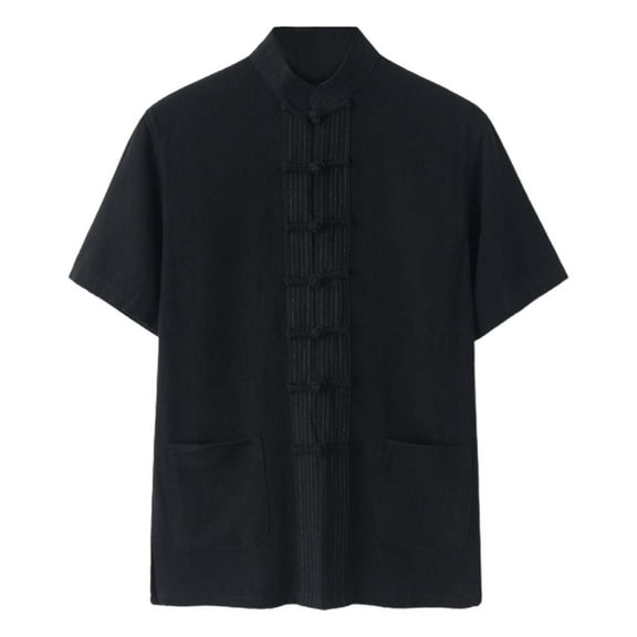Hpapadks Mens Shirts Solid Short Sleeve Chinese Classical Style Lapel Tai Chi Buckle Blouses Men Dress Shirt Black XXXXL