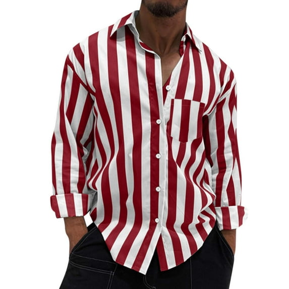 Hpapadks Mens Shirts Summer Casual Fall Striped Print Lapel Long Sleeve Blouse with Pockets Loose Dress Shirts for Men Red XL