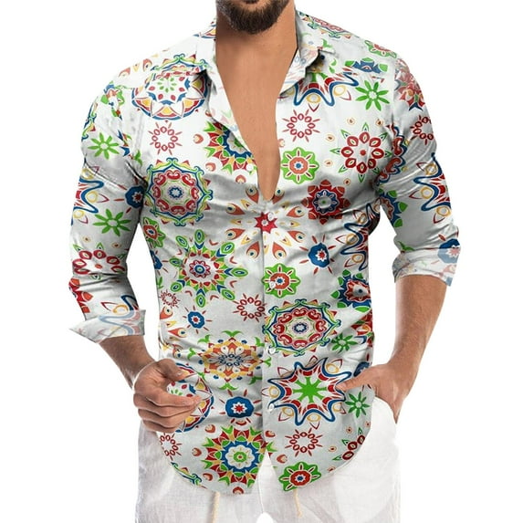Hpapadks Mens Shirts Summer Casual Long Sleeve Floral Print Business Button Lapel Blouses Leisure Loose Mens Dress Shirts White XXL