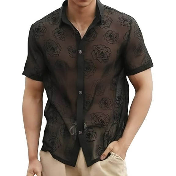 Hpapadks Mens Shirts Summer Floral Print Mesh Short Sleeve Tops Hollow Out Lapel Button Down Blouses Men Dress Shirt Black L