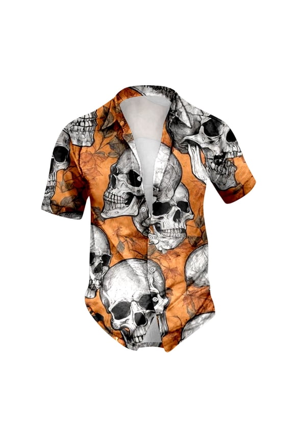 Mens Shirts Summer Halloween Fully Print Short Sleeve Plus Size Blouses Lapel Button Down Loose Dress Shirts for Men Orange M