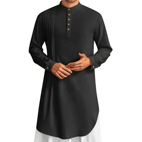 Hpapadks Mens Shirts Summer Linen Long Sleeve Buttons Kaftan Thobe Long Gown Robe Gown Mens Dress Shirt Black XXXL