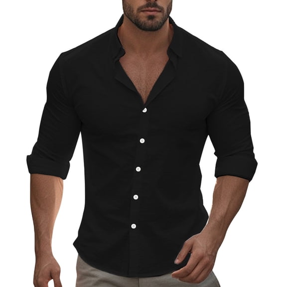 Hpapadks Mens Shirts Summer Long Sleeve Lapel Button Down Solid Blouses Beach Loose Dress Shirts for Men Black XXL