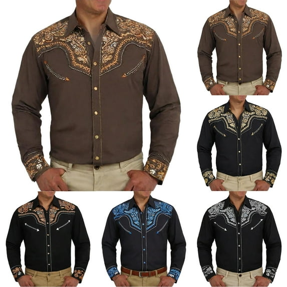 Mens Shirts Western Cowboy Embroidered Long Sleeve Button Down Lapel Business Blouses Casual Slim Fit Mens Hawaiian Shirt Orange XXL