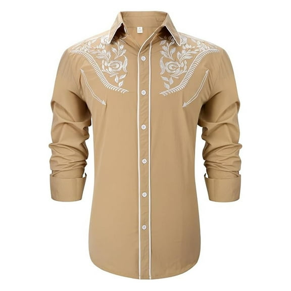 Hpapadks Mens Shirts Western Cowboy Embroidered Long Sleeve Button Down Lapel Business Blouses Slim Fit Men Dress Shirt Khaki XL
