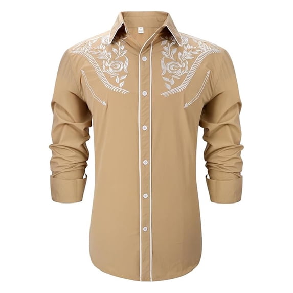 Hpapadks Mens Shirts Western Cowboy Embroidered Long Sleeve Button Down Lapel Business Blouses Slim Fit Men Dress Shirt Khaki XL
