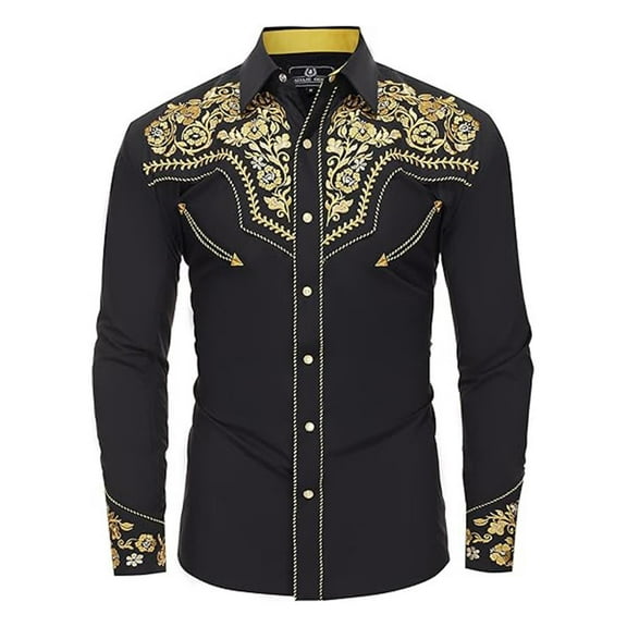 Hpapadks Mens Shirts Western Cowboy Embroidered Long Sleeve Button Down Lapel Business Blouses Slim Fit Men Dress Shirt Yellow M