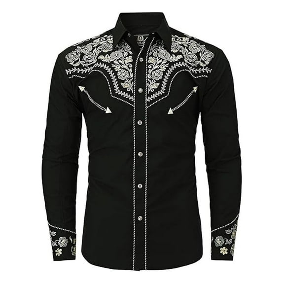 Hpapadks Mens Shirts Western Cowboy Embroidered Long Sleeve Button Down Lapel Business Blouses Slim Fit Mens Dress Shirts Grey L