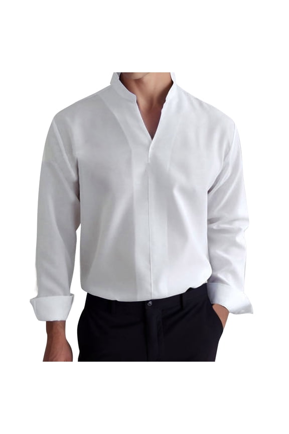 Mens Summer Shirts Business Solid Lapel Button Down Blouses Long Sleeve Tops Dress Shirts for Men White XL