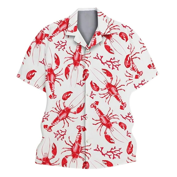 Hpapadks Mens Summer Shirts Casual Lobster Lobster Print Short Sleeve Button Down Lapel Blouses Outdoor Loose Dress Shirts for Men White XL