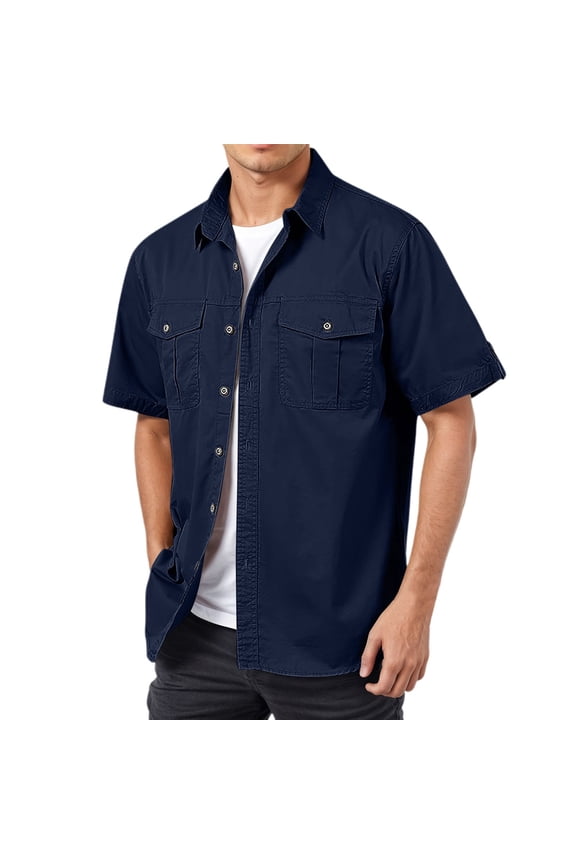 Mens Summer Shirts Casual Short Sleeve Button Down Lapel Cargo Blouses with Pockets Outdoor Loose Fit Mens Dress Shirts Blue L