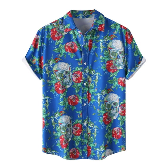 Hpapadks Mens Summer Shirts Halloween Short Sleeve Floral Print Tops Lapel Button Down Multicolor Blouses Men Dress Shirt Blue XL