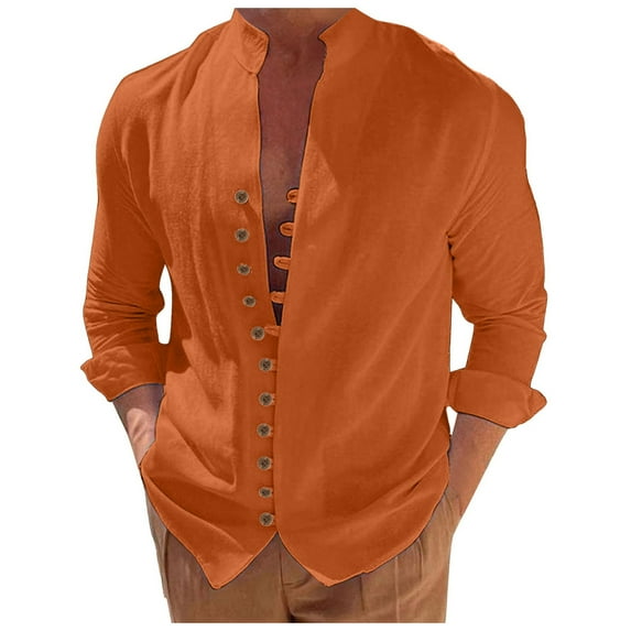 Hpapadks Mens Summer Shirts Long Sleeve Retro Beach Holiday Button Down Solid Blouses Loose Mens Dress Shirts Orange S
