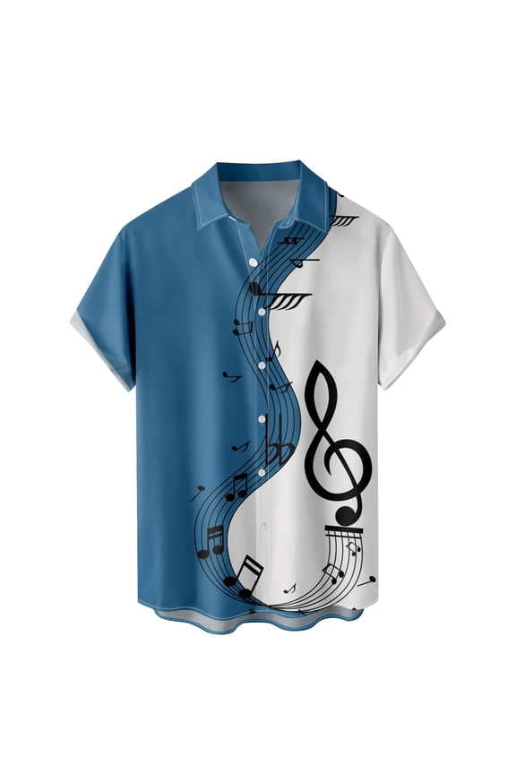 Mens Summer Shirts Music Patchwork Print Short Sleeve Button Lapel Turn Down Blouses Loose Men Dress Shirt Blue XL