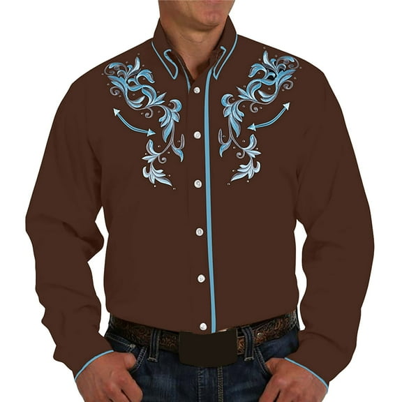 Hpapadks Mens Summer Shirts Retro Western Denim Pattern Print Long Sleeve Button Down Lapel Business Blouses Loose Men Dress Shirt Brown XXL