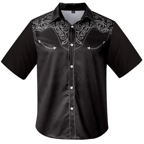 Hpapadks Mens Summer Shirts Western Cowboy 3D Print Short Sleeve Button Down Lapel Business Blouses Loose Men Dress Shirt Black M