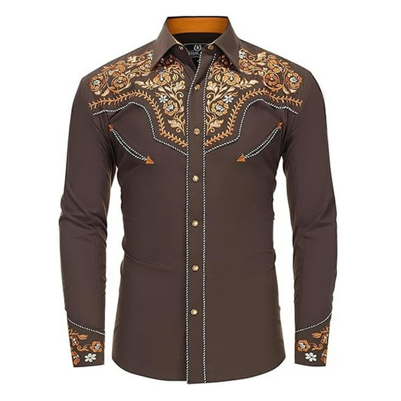 Hpapadks Mens Summer Shirts Western Cowboy Embroidered Long Sleeve Button Down Lapel Business Blouses Slim Fit Dress Shirts for Men Brown L
