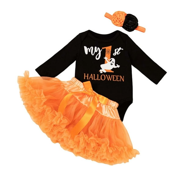 Hpapadks Outfits Baby Girl Halloween Printed Long Sleeve Romper Tutu Skirt Hairband Cute Party 3 Piece Set Baby Girl Clothes Orange 6-12 m