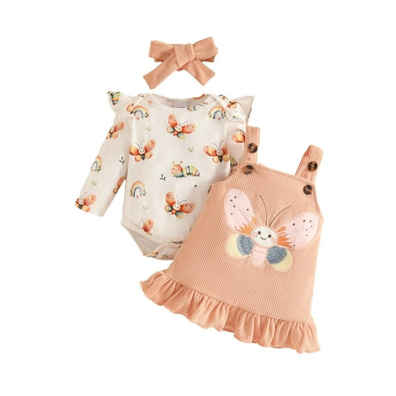 Hpapadks Outfits Baby Girl Long Sleeve Cartoon Romper Bodysuit Suspender Skirts Hairband 3 Piece Set New Born Clothes Baby Girl White 0-3 m