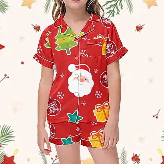 Hpapadks Newborn Pajamas Christmas Collar Short Sleeve Pajama Set Button Down Pjs for Girls A 2-3 Years