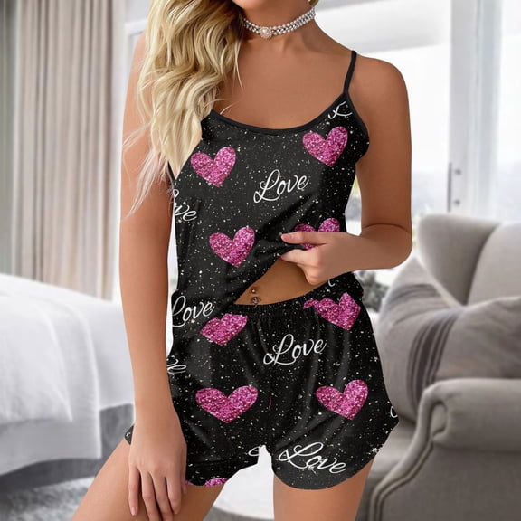Hpapadks Pajama Sets for Women 2 Piece Colorful Heart Print Sleeveless Camisole Tops Shorts Home Fashion Sleepwear Set Pjs Sets for Women Hot Pink S
