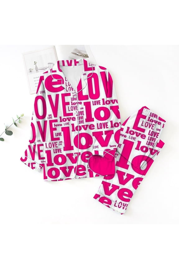 Pajama Sets for Women Homewear Spring Fall Love Printed Long Sleeved Button Down Shirts Pants Set Pjs Sets for Women Hot Pink S