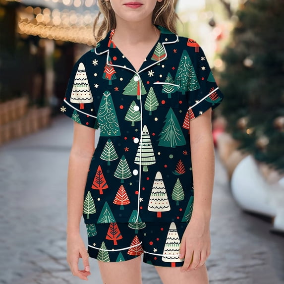 Hpapadks Pajamas for Boys Christmas Pajama Set for Satin Short Sleeve Top and Shorts Pjs for Girls B 4-5 Years