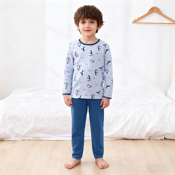 Hpapadks Pajamas for Boys Kids Penguin Print Long Sleeve Pajama Set Thermal Sleepwear Pjs for Girls Sky Blue 14-15 Years