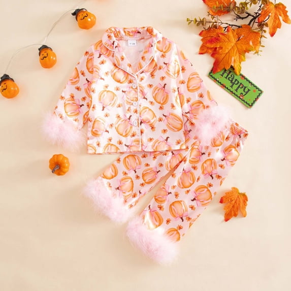 Hpapadks Pajamas for Girls Halloween Flannel Pajama Set Pumpkin Print Top and Pants Pjs for Girls White 12-18 Months