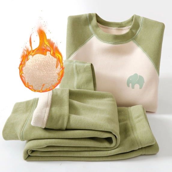 Hpapadks Pajamas for Girls Thermal Underwear Set Long Sleeve Top Pants Fleece Lined Boys Pjs Green 5-6 Years