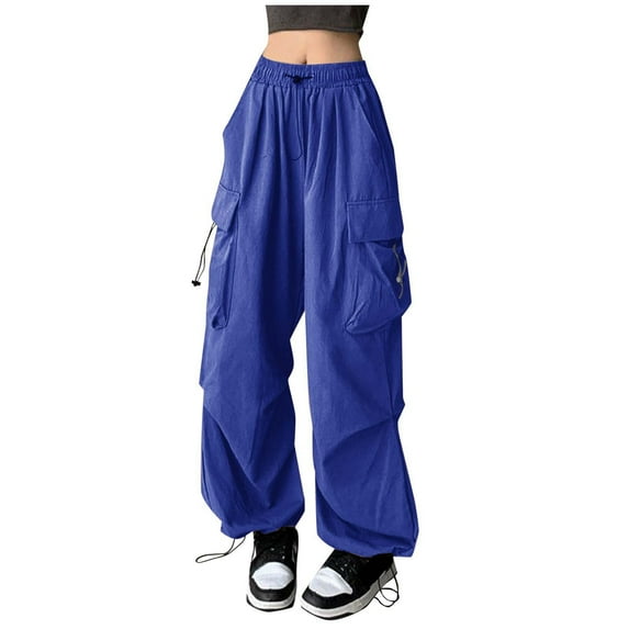 Hpapadks Pants for Women Drawstring Baggy Cargo Pant Solid Color Streetwear Hop Sweatpants Womens Slacks Blue L