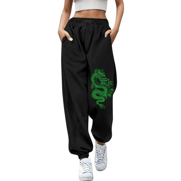 Hpapadks Pants for Women Elasticized High Waist Wide Leg Dragon Print Sweatpants with Drawstring Womens Slacks Green M
