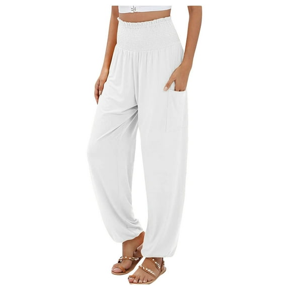 Hpapadks Pants for Women Elasticized High Waist Wide Leg Solid Harem Yoga Pant Womens Slacks White XL